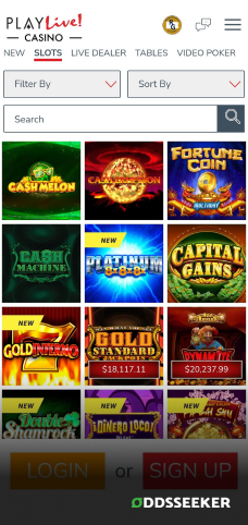 A screenshot of the mobile casino games library page for PlayLive! Casino